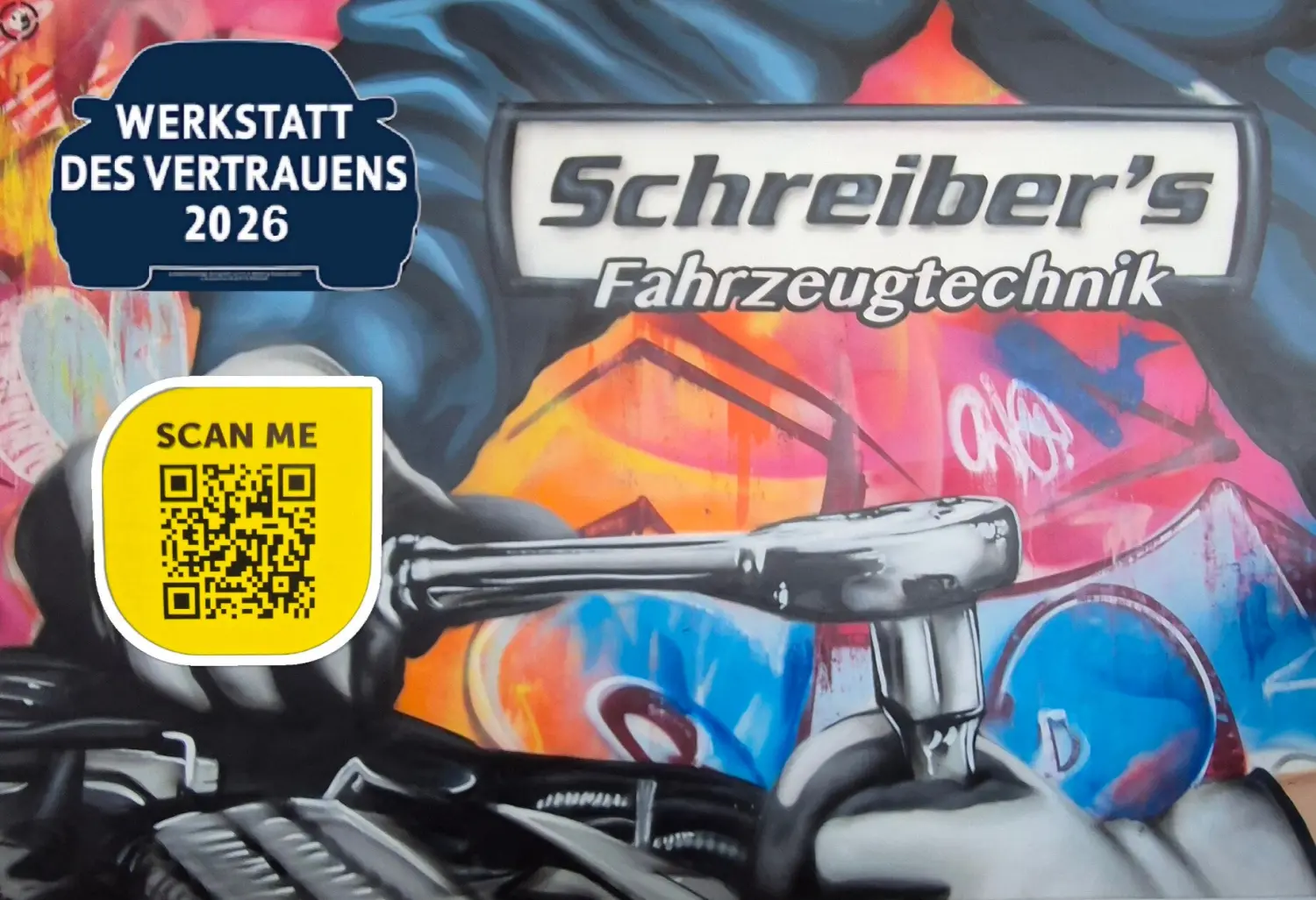 Schreiber's Fahrzeugtechnik - Wandgraffiti eines Mechanikers, der das Auto repariert