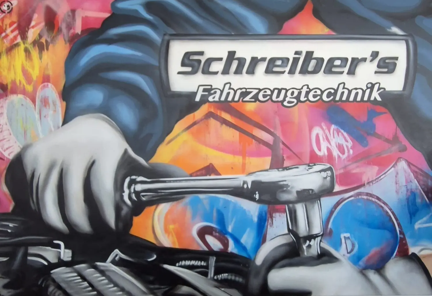 Schreiber's Fahrzeugtechnik - Wandgraffiti eines Mechanikers, der das Auto repariert